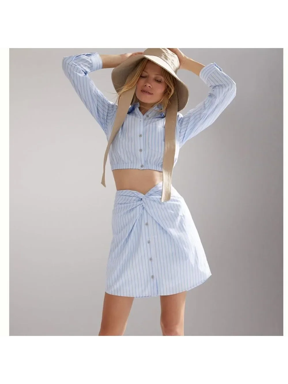 NEW Maeve Anthropologie Two Piece Shirt and Skirt Set Blue White Stripe Size 12